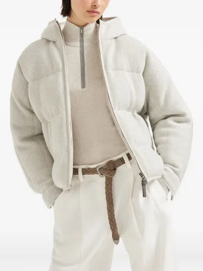 Brunello Cucinelli Hooded Ribbed Puffer Jacket In Nude