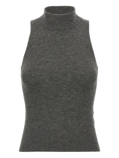 Brunello Cucinelli Sleeveless High Neckline Ribbed Top In Gray