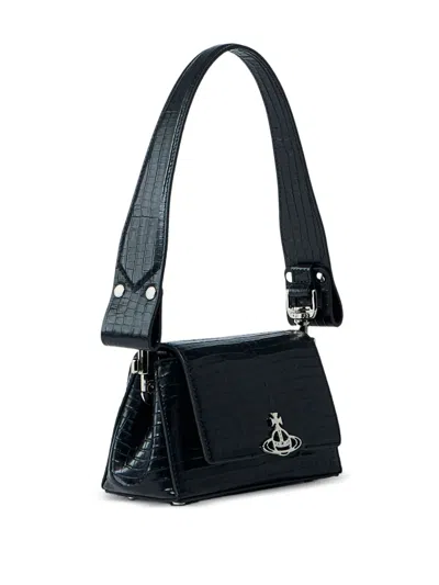 Vivienne Westwood Small Hazel Croc-embossed Flap Shoulder Bag In Black