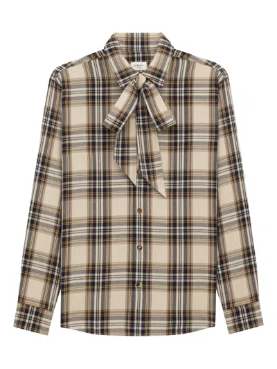 Saint Laurent Tartan Check Long-sleeved Shirt In Neutral