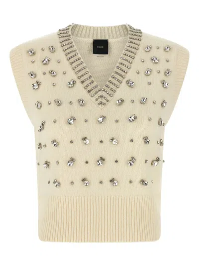 Pinko White Rhinestone Knitted Vest In Neutral