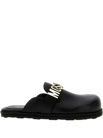 Moschino Logo-plaque Leather Mules In Black