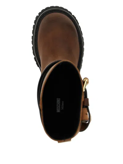Moschino 'chunky Sole' Ankle Boots With Buckle And Strap In Brown