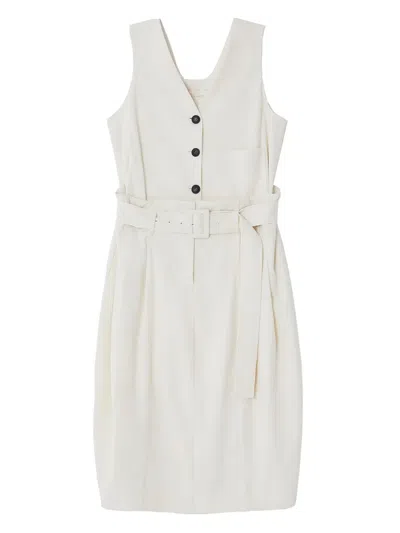 Low Classic Button-front Belted Midi Dress In White