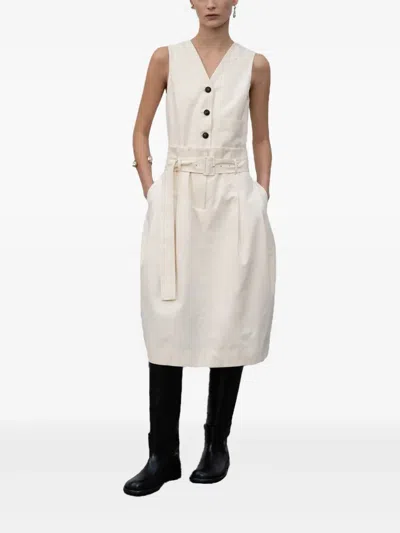 Low Classic Button-front Belted Midi Dress In White