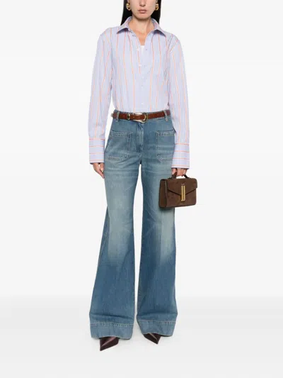 Victoria Beckham Striped Cotton Long-sleeve Shirt In Blue