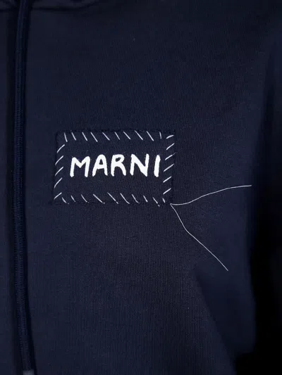 Marni Cropped Hoodie In Deep Navy With Distinctive Patch