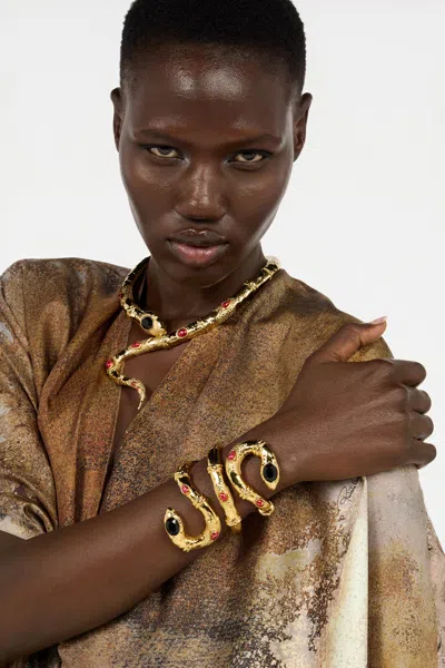 Roberto Cavalli Gold Rigid Bracelet With Black And Ruby Stones
