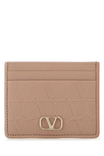 Valentino Powder Pink Leather Vlogo Card Holder In Brown