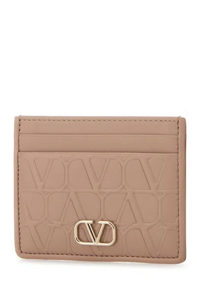 Valentino Powder Pink Leather Vlogo Card Holder In Brown