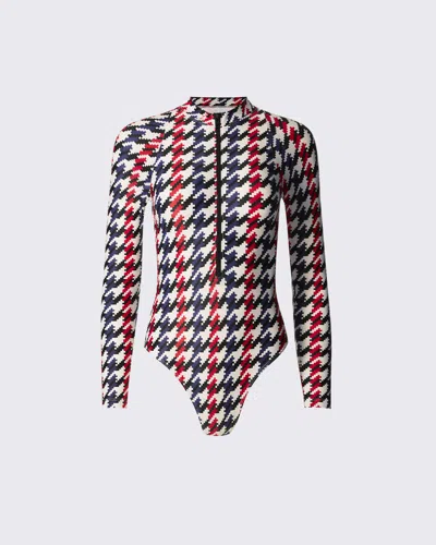Perfect Moment Houndstooth Long-sleeve Half-zip Swimsuit In Multi
