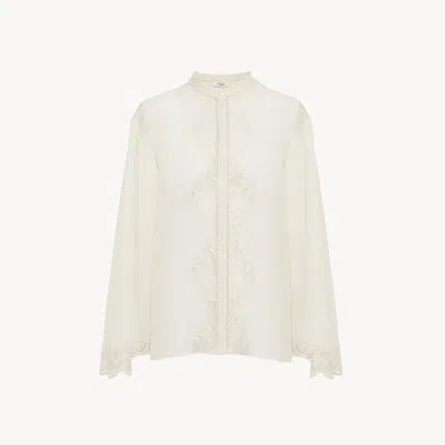 Chloé Fluid Blouse In Silk Georgette & Lace White Size 6 100% Silk, Pinctada Maxima, Farmed, Coo Australia