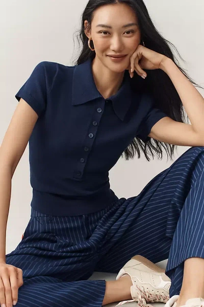 Reformation Bentley Cotton-blend Short-sleeve Polo Sweater In Blue