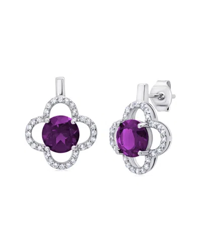 Maxcolor Sterling Silver Clover Gemstone Stud Earrings With With White Topaz Accent In Metallic