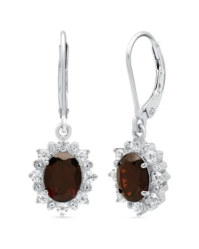 Maxcolor Sterling Silver Halo Sunburst Oval Gemstone Leverback Earrings With White Topaz Accent In Brown