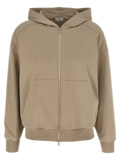 Brunello Cucinelli Hooded Kangaroo Pocket Top With Ribbed Cuffs In Brown