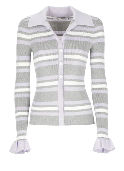 Self-portrait Grey Cardigan With Spread Collar And All-over Striped Motif In Viscose Blend Woman In Gray