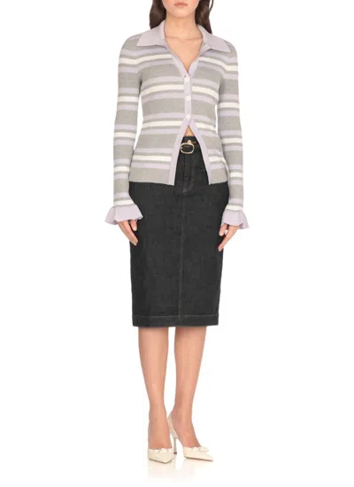 Self-portrait Grey Cardigan With Spread Collar And All-over Striped Motif In Viscose Blend Woman In Gray