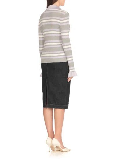 Self-portrait Grey Cardigan With Spread Collar And All-over Striped Motif In Viscose Blend Woman In Gray