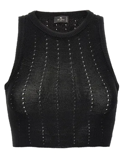 Etro Black Crop Top With Knitted Design And Openwork Detail In Black