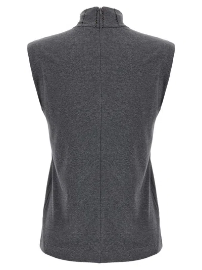 Brunello Cucinelli Sequin High Neck Sleeveless Top With Vertical Stripes In Gray