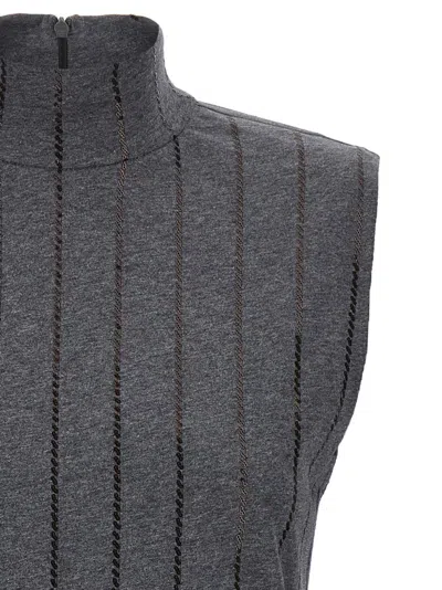Brunello Cucinelli Sequin High Neck Sleeveless Top With Vertical Stripes In Gray