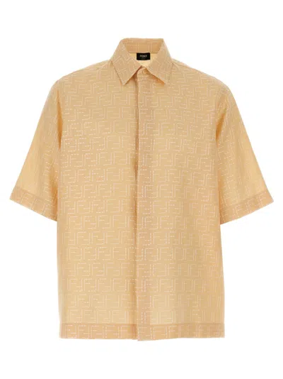 Fendi Men Jacquard Linen And Cotton Shirt With All-over Ff Embroidery