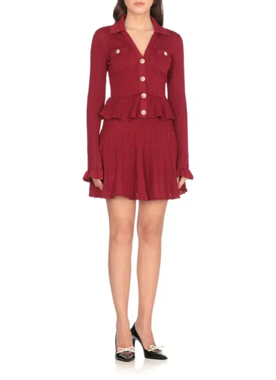 Self-portrait Self Portrait Women Burgundy Pointelle Knit Long-sleeved Mini Dress