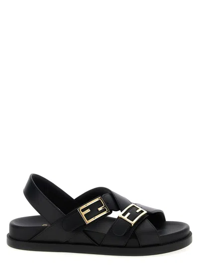Fendi Women Black Singback Sandals With Ff Buckle Closure And Criss-crossed Straps In Leather Woman