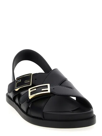Fendi Women Black Singback Sandals With Ff Buckle Closure And Criss-crossed Straps In Leather Woman