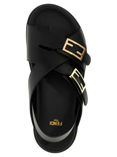 Fendi Women Black Singback Sandals With Ff Buckle Closure And Criss-crossed Straps In Leather Woman
