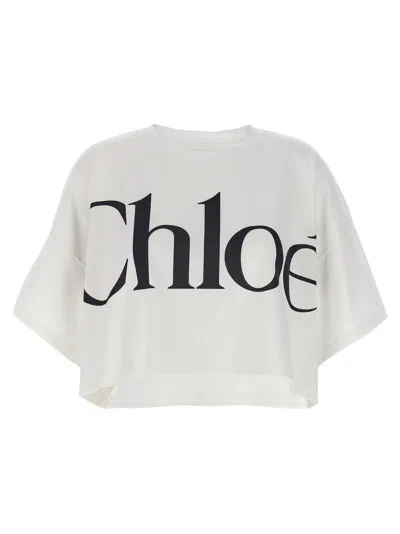Chloé White Cropped Crewneck T-shirt With Maxi Logo Print On The Front In Cotton Woman