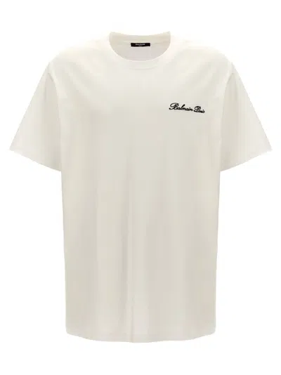 Balmain White Crewneck T-shirt With Logo Lettering Embroidery