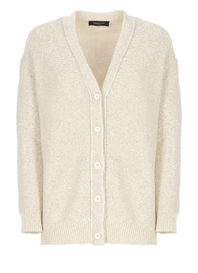Fabiana Filippi Beige Cotton Blend Cardigan With All-over Paillettes In Neutral