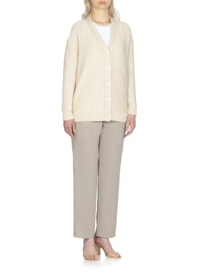 Fabiana Filippi Beige Cotton Blend Cardigan With All-over Paillettes In Neutral