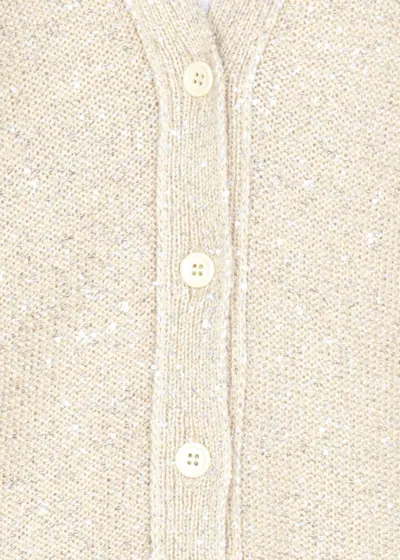 Fabiana Filippi Beige Cotton Blend Cardigan With All-over Paillettes In Neutral