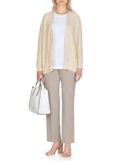 Fabiana Filippi Beige Cotton Blend Cardigan With All-over Paillettes In Neutral