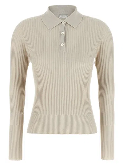 Peserico Collared Ribbed Polo Shirt With Long Sleeves In Neutral