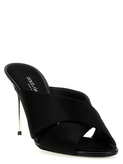 Dolce & Gabbana Solid Color Satin Sandals With Silver-tone Dg Monogram Heel