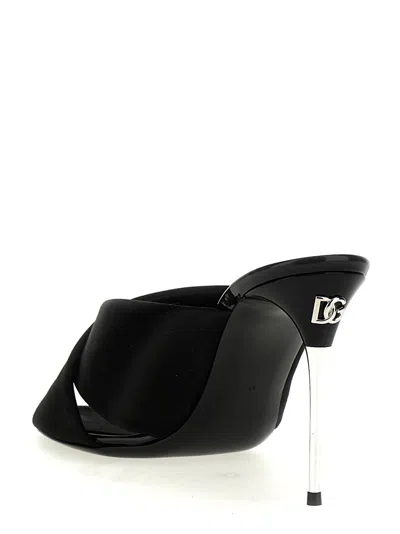 Dolce & Gabbana Solid Color Satin Sandals With Silver-tone Dg Monogram Heel