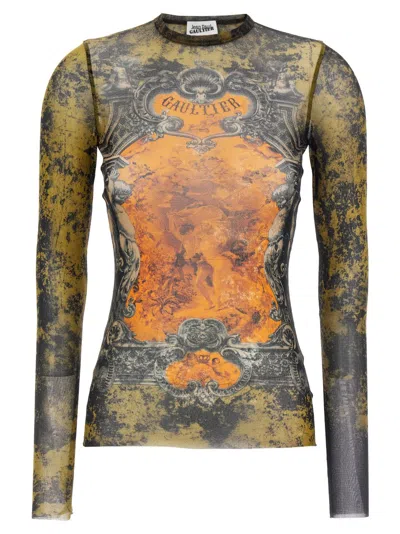 Jean Paul Gaultier Mesh Long Sleeves Top Printed Medaillon Woman Multicolor