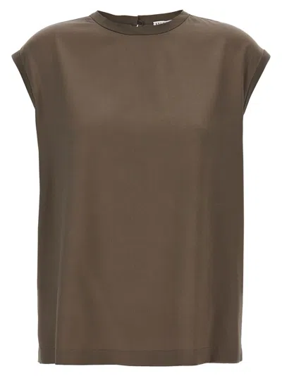 Brunello Cucinelli Silk Crewneck Blouse With Back Button Closure In Brown