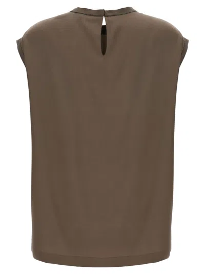 Brunello Cucinelli Silk Crewneck Blouse With Back Button Closure In Brown