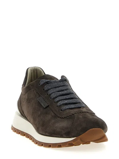 Brunello Cucinelli Brown Low Top Sneakers With Monil Detail On The Side And Embossed Logo Lettering On The Rear In Leat In Brown