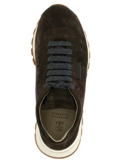 Brunello Cucinelli Brown Low Top Sneakers With Monil Detail On The Side And Embossed Logo Lettering On The Rear In Leat In Brown