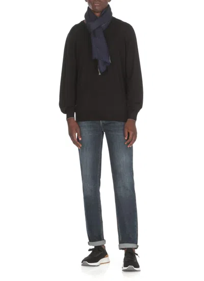 Brunello Cucinelli Cashmere And Wool Scarf With Microfringe Trims In Blue
