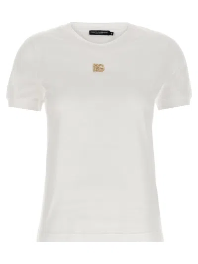 Dolce & Gabbana White T-shirt With Dg Logo On The Front Finished With Rhinestones