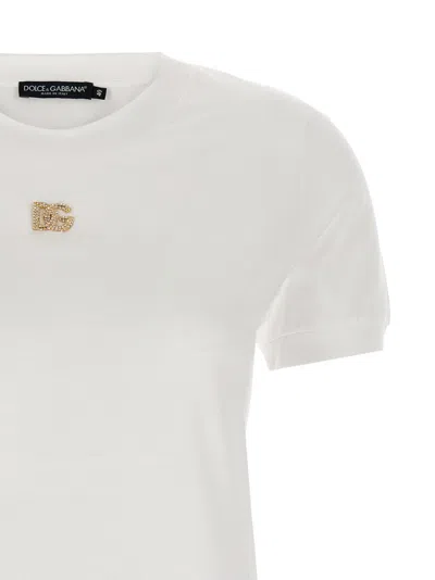 Dolce & Gabbana White T-shirt With Dg Logo On The Front Finished With Rhinestones