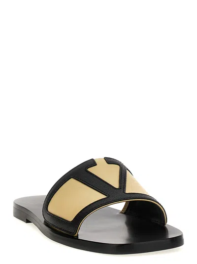 Valentino Men's Black And Beige Goat Leather Slippers With Central Strap