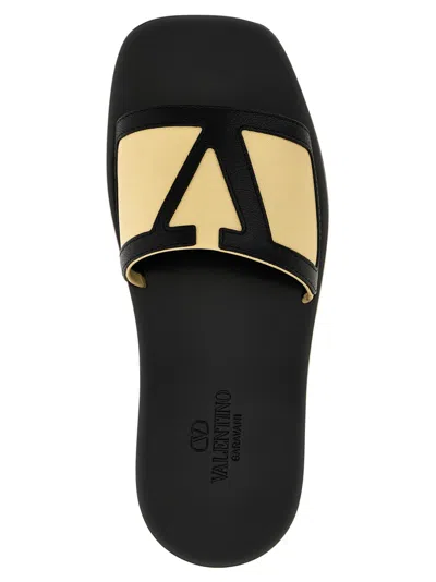 Valentino Men's Black And Beige Goat Leather Slippers With Central Strap
